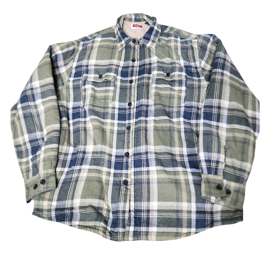 Wrangler Plaid Flannel Shacket Green Blue Sherpa Lined Lumberjack Work Jacket‎ L